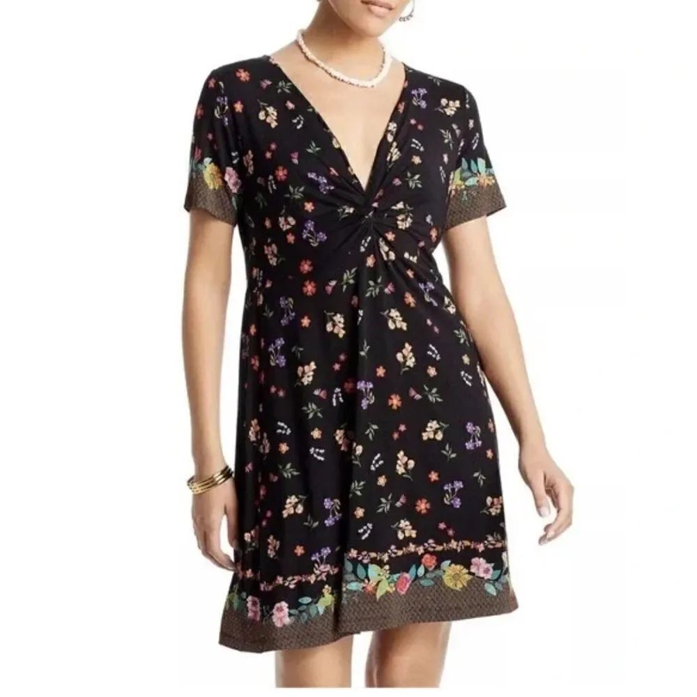 Johnny Was Dress Black Jersey Knit Womens Size M Floral